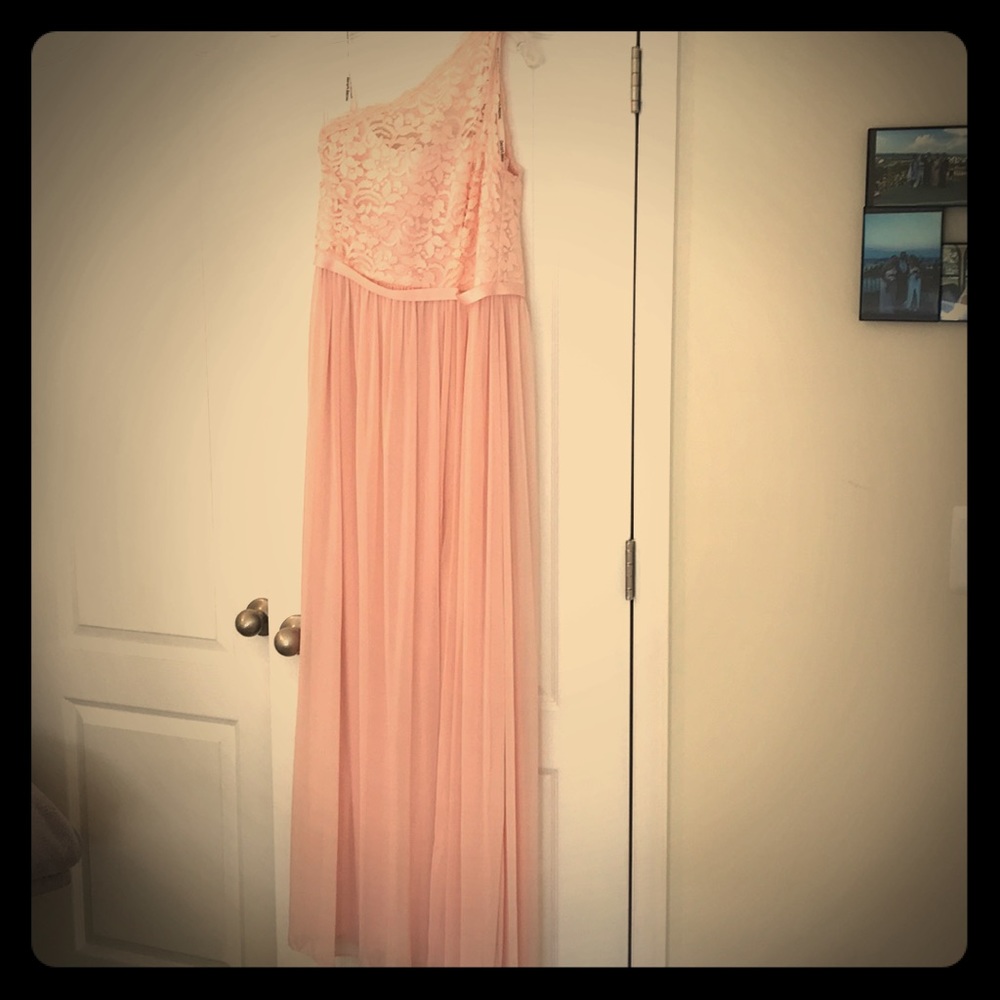 David’s Bridal long corded one shoulder dress